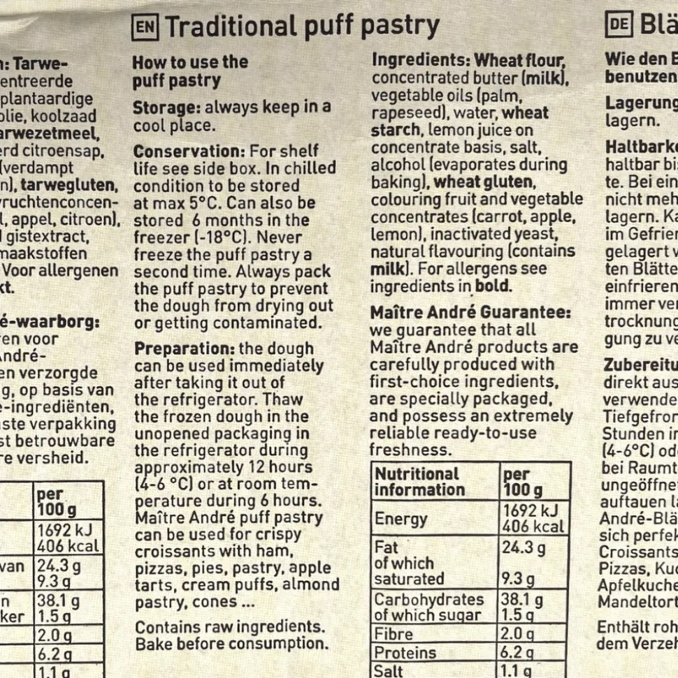 Butter Puff Pastry Roll 4.25kg Maitre Andre